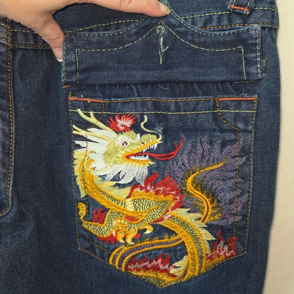 True Religion Joey Jeans Mens 40x34‎ Embroidered Dragon Distress Flare Y2K USA